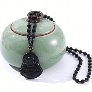 JADE obsidian Black Hand Carved Maitreya Buddah Pendant Necklace